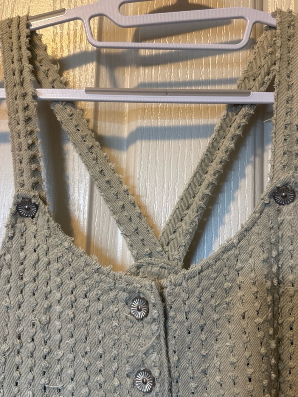 POL Cream Textured Button-Front Romper with Cross-Back Straps